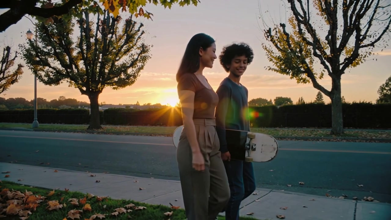 Madre che cammina con un top scuro, figlio con un top blu e jeans, che chiacchierano al tramonto, portando uno skateboard.