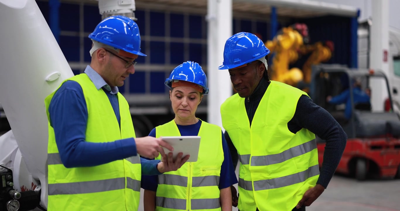 Industrial Engineers Discussing Project on Tablet in Warehouse