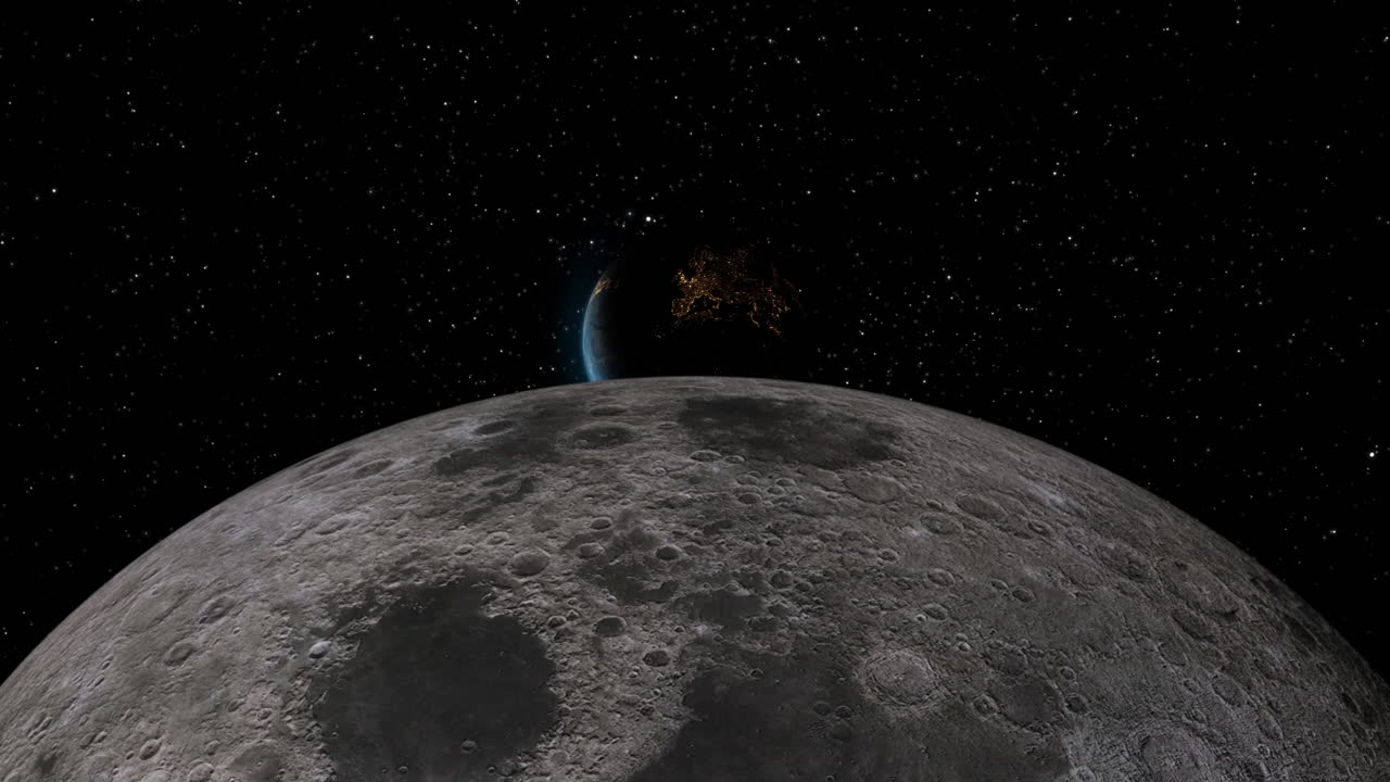 terra che sorge sulla luna con luci notturne della città nel regno unito e in europa con sfondo di stelle - animazione 3d cgi 4k