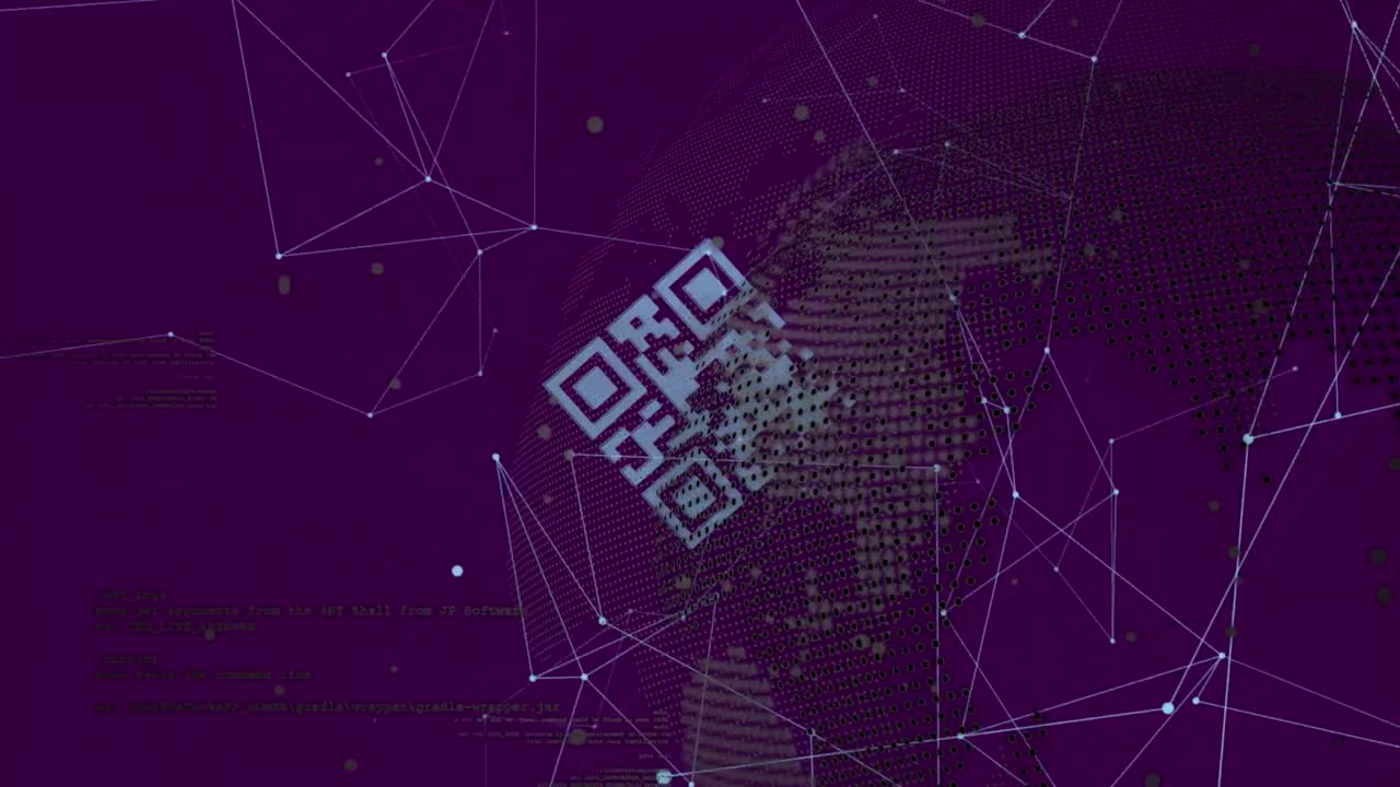 animación del código qr sobre conexiones, globo y fondo violeta