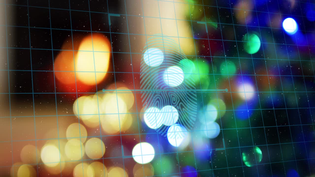 animación de un escáner biométrico de huellas dactilares en la red y puntos de luz en fondo gris