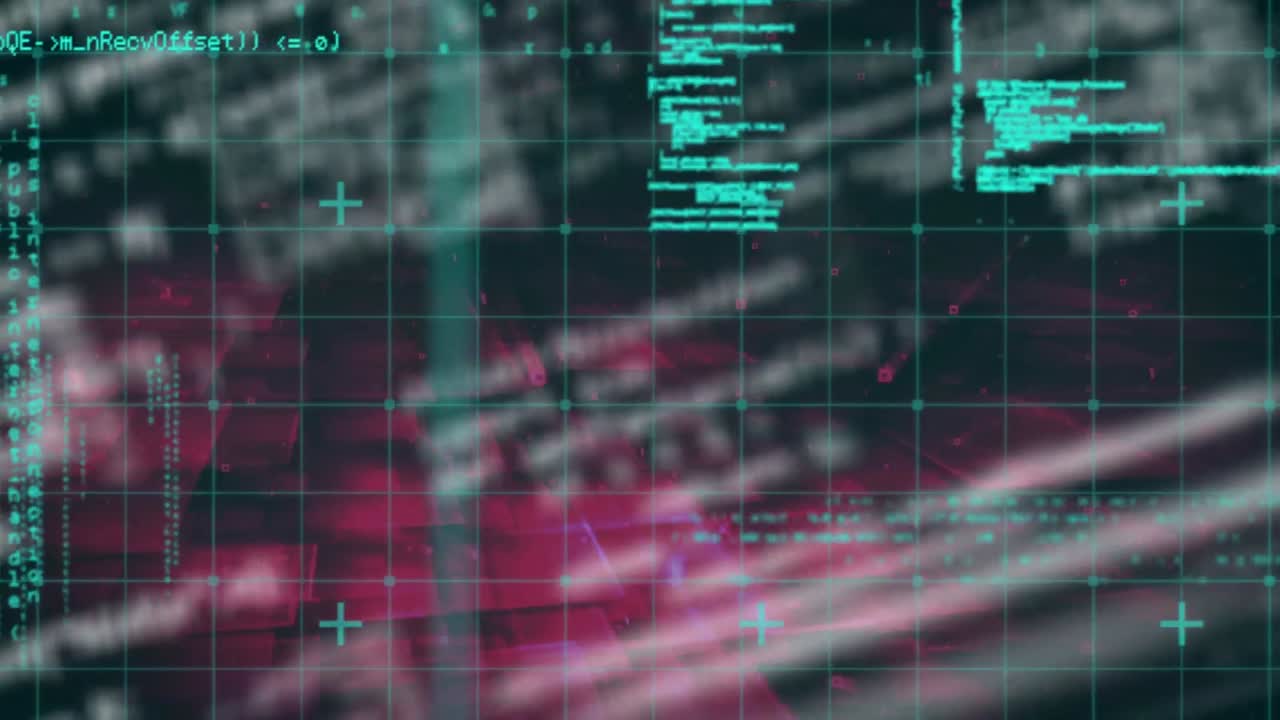 Digital animation of data processing over grid network against pink background