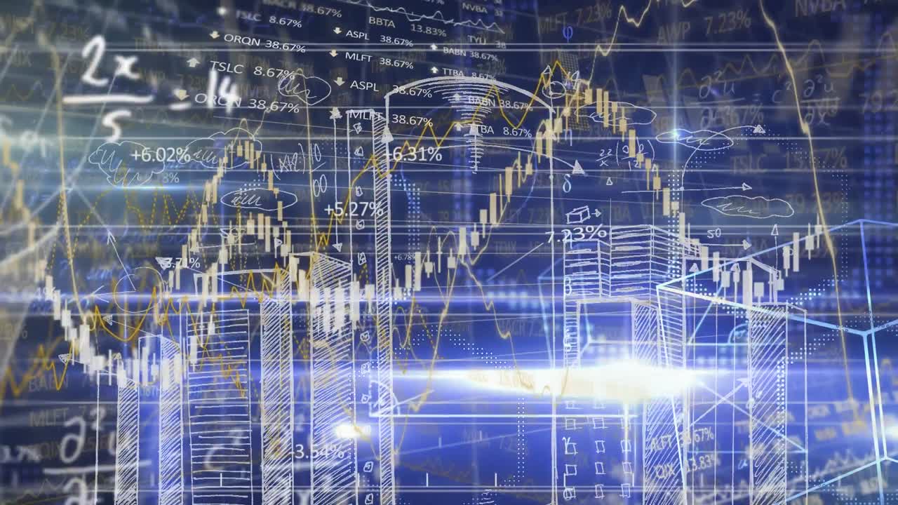 도시 풍경 위의 금융 데이터 처리 애니메이션