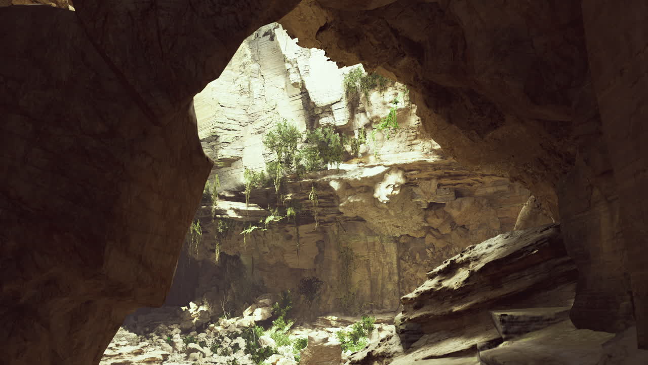 Sunlight filters through a rocky cave revealing lush greenery in the afternoon