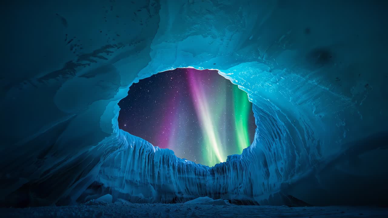 Camera pulling back revealing oval ice cave opening, rim and green purple aurora showing interior