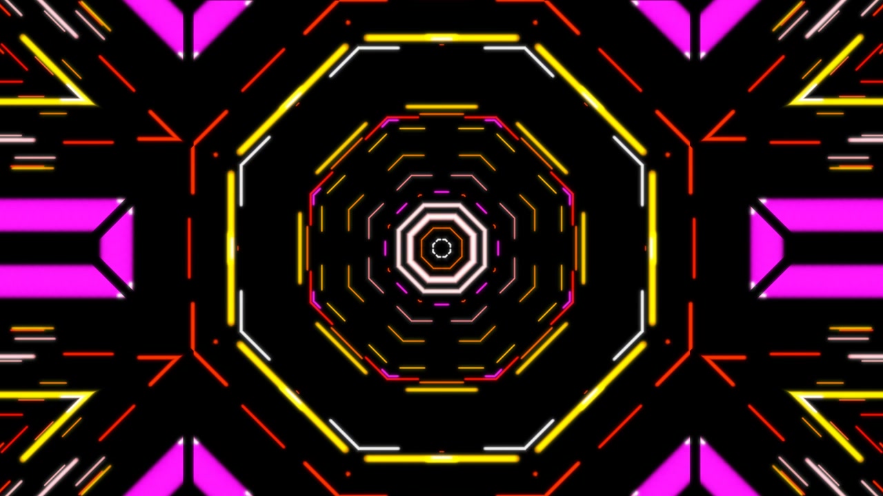 Terowongan Kaleidoskop Geometris Abstrak dengan Garis Neon Bercahaya