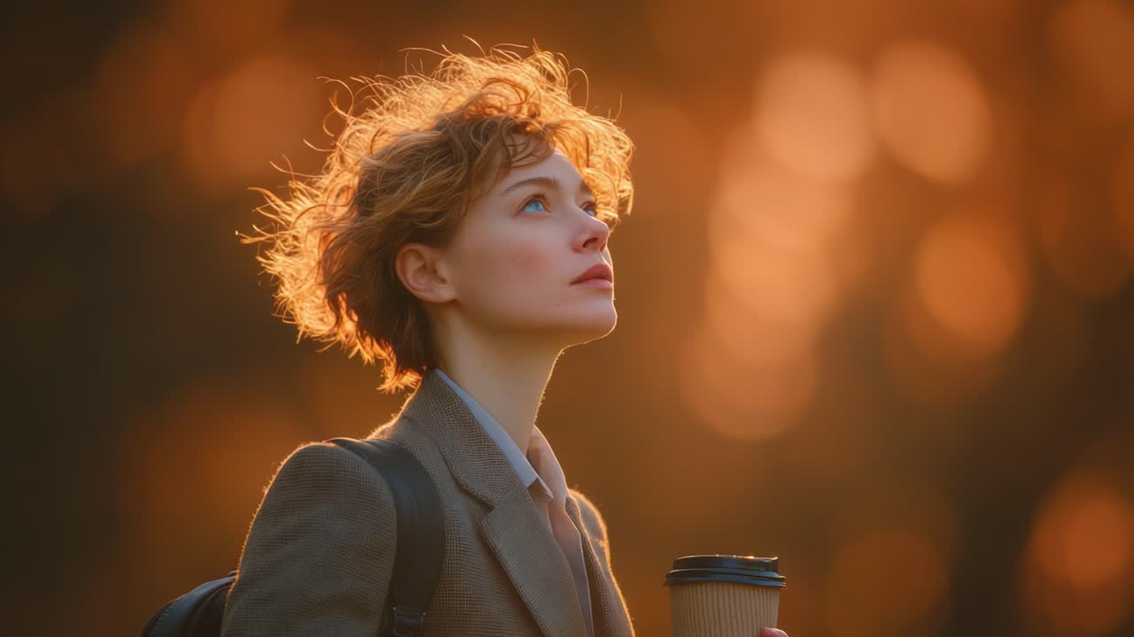 A Thoughtful Moment: Young Woman in Outdoor Setting with a Coffee Cup, Bathed in Soft Golden Light, Reminiscing on Life's Journey and Future Possibilities