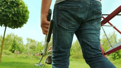 gardener walking through the garden with equipment in hands. concept of rural life, fruit-growing, gardening.