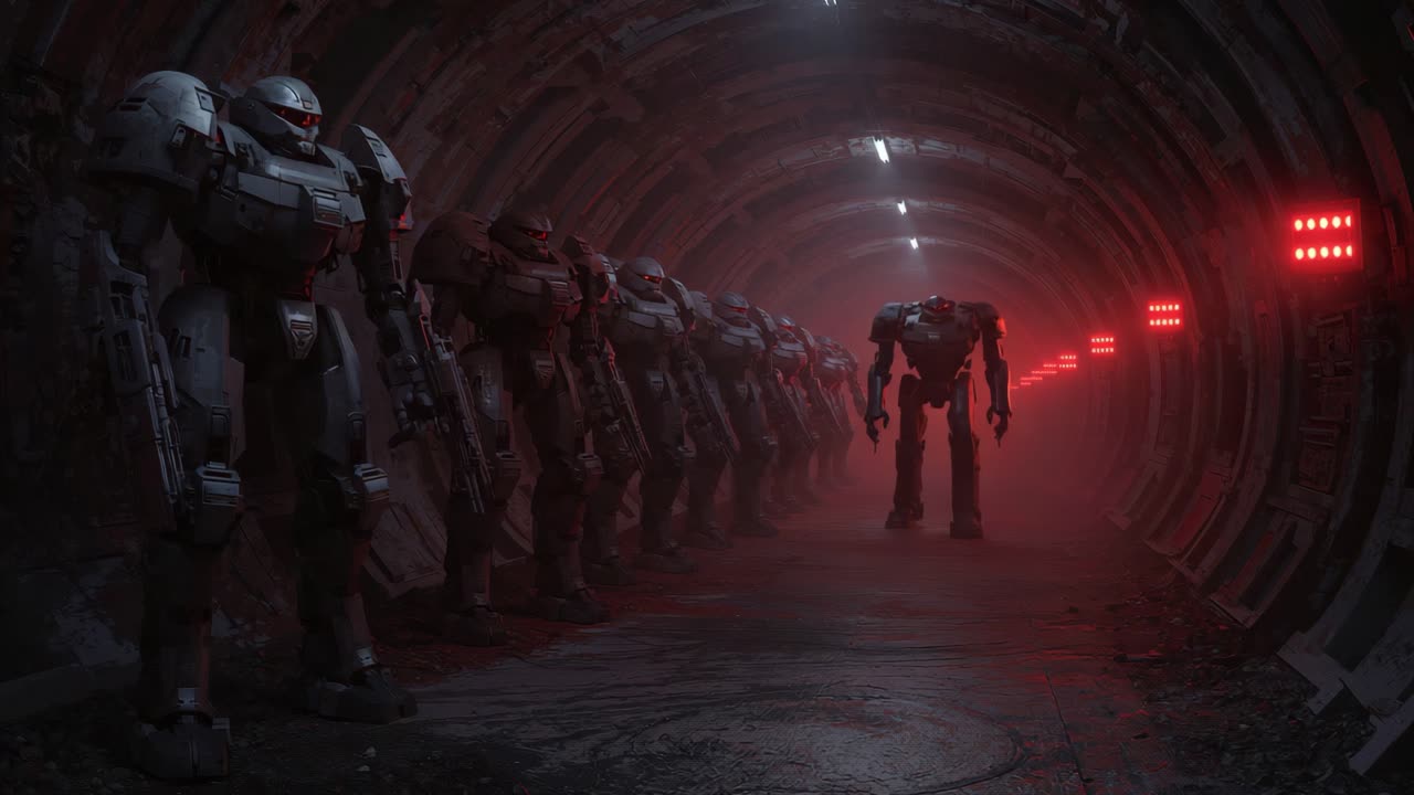 Futuristic Robot Soldiers in a Tunnel