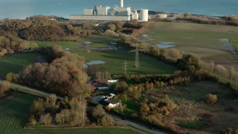 AERIAL:-Drone-footage-of-danish-heating-plant-located-in-Studstrup,-Denmark