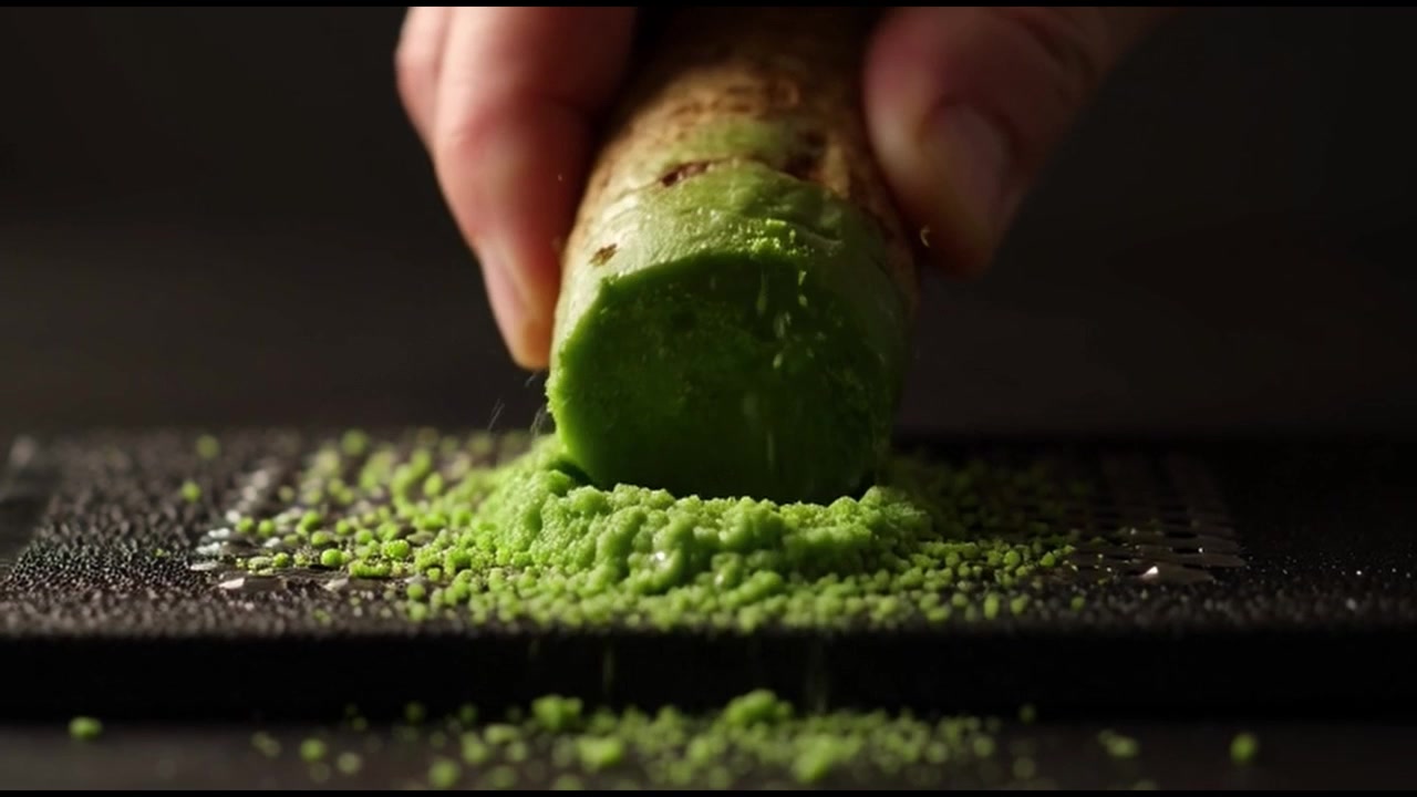 Radice di wasabi fresca che viene grattugiata su una grattugia di metallo