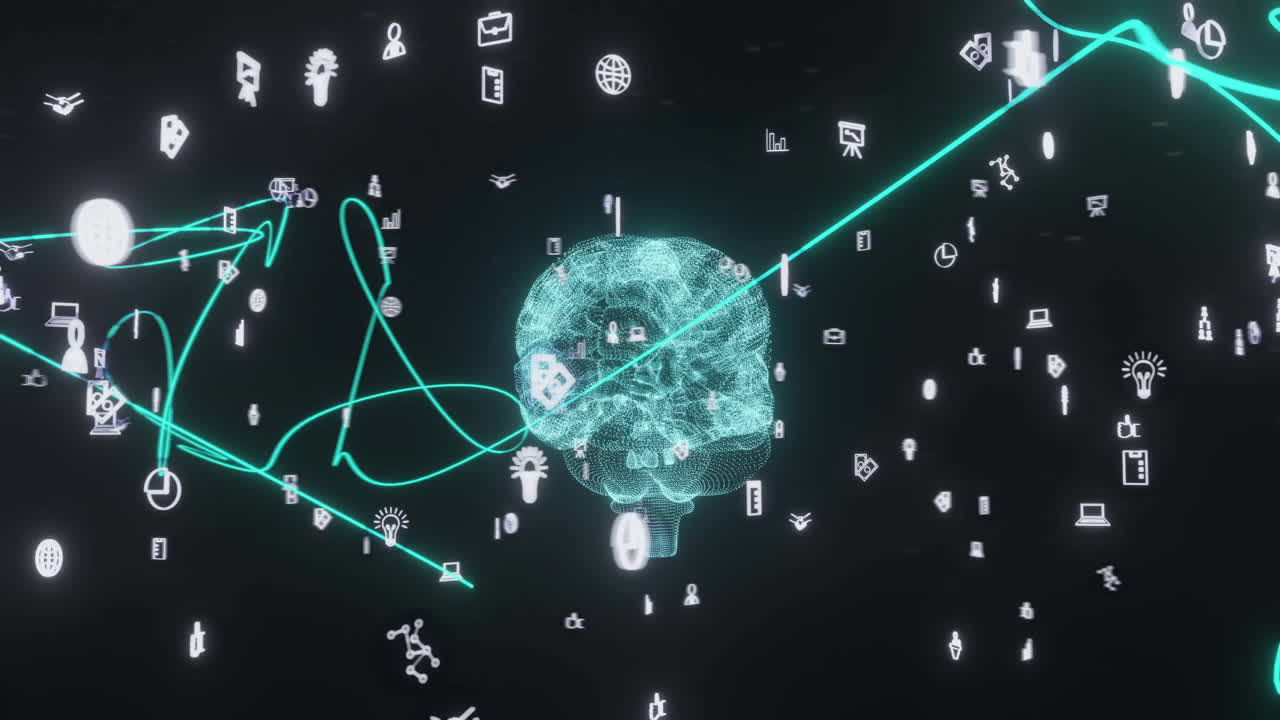 Animation of human brain and ai data processing over black background