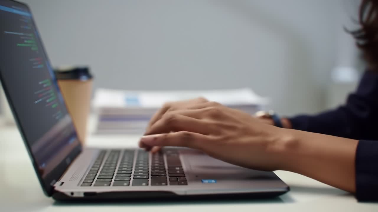 Focused Coding Session: A Close-Up of Hands Typing on a Laptop While Engaging in Software Development and Problem Solving in a Modern Workspace