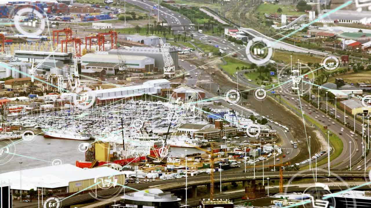 animación de una red de iconos digitales frente a una vista aérea del tráfico de la ciudad