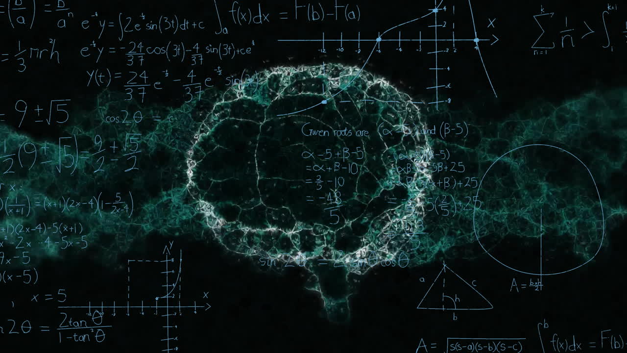Animation of brain network of connections over mathematical formulae on black background