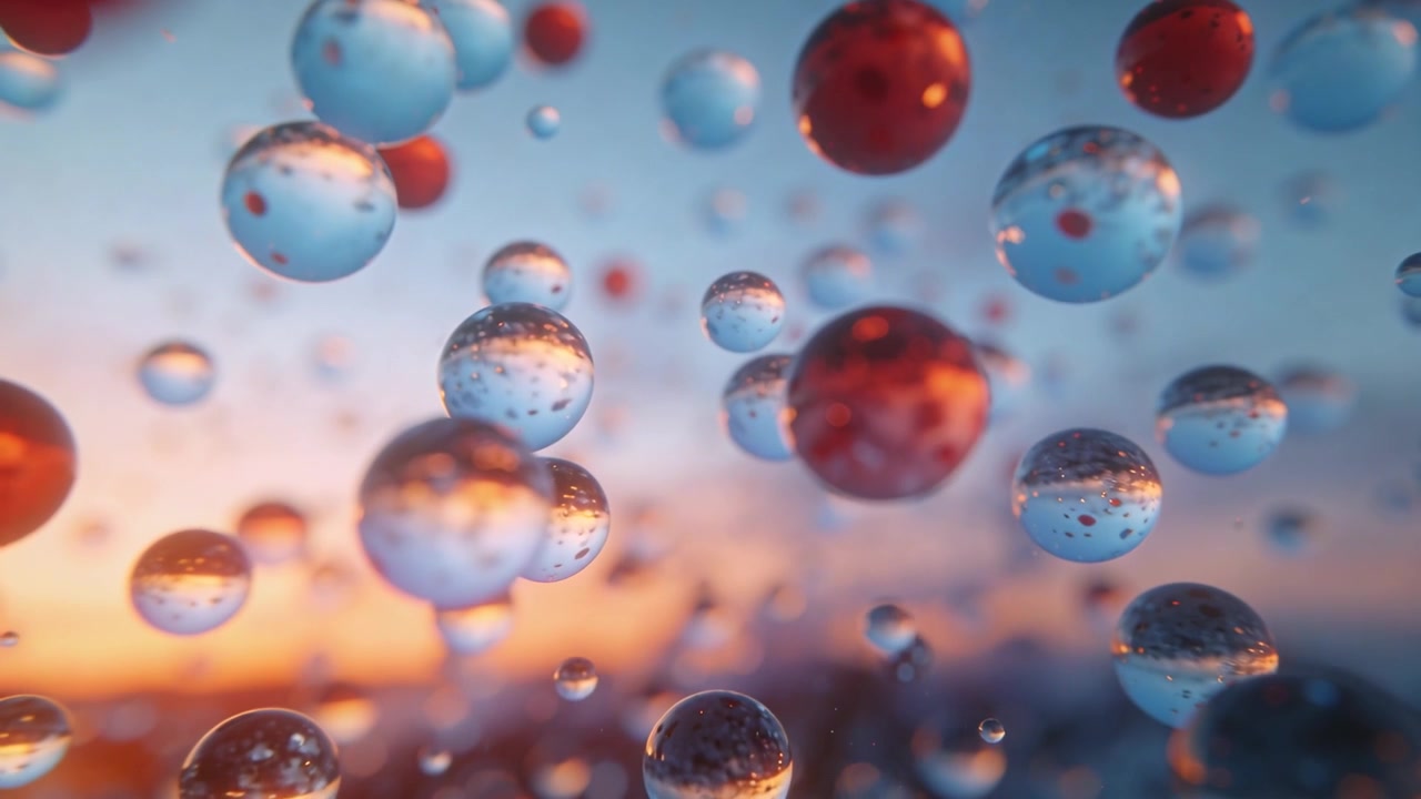 Un cúmulo de esferas transparentes y rojas a la deriva, impulsado por la cámara, avanzando al atardecer y revelando burbujas.