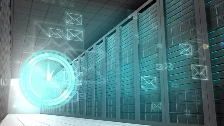 Animation of clock moving fast over mail envelopes and computer servers