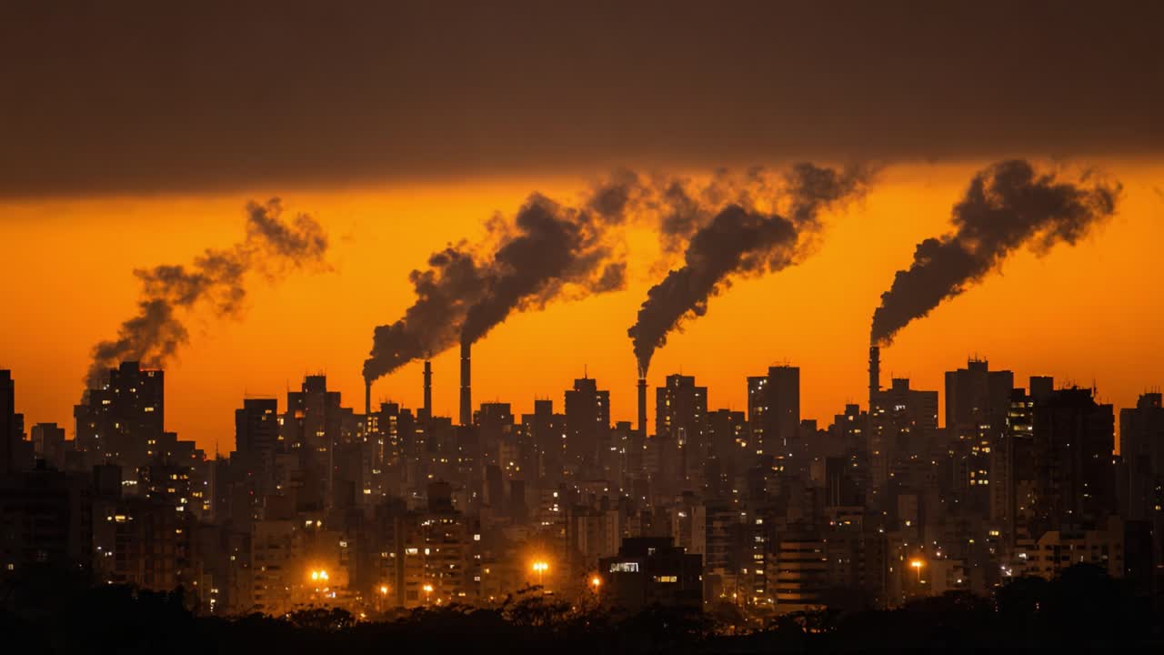 Dramatic Urban Sunset: Silhouetted Skyline with Industrial Smoke Stacks Against an Orange Horizon Capturing the Contrast of Nature and Urban Development