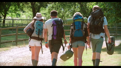 rear view of young people going camping at music festival