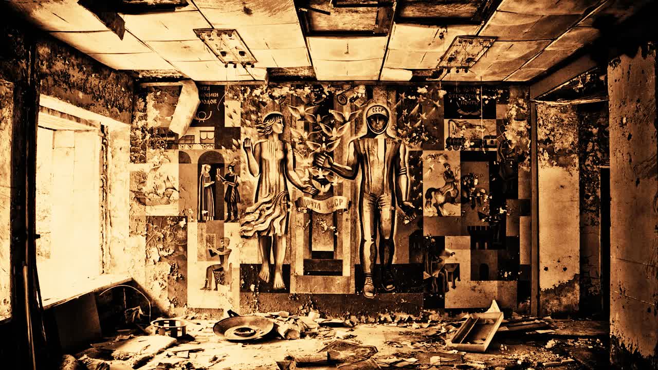 빈티지 벽화가 있는 버려진 방