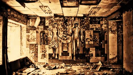 habitación abandonada con mural antiguo