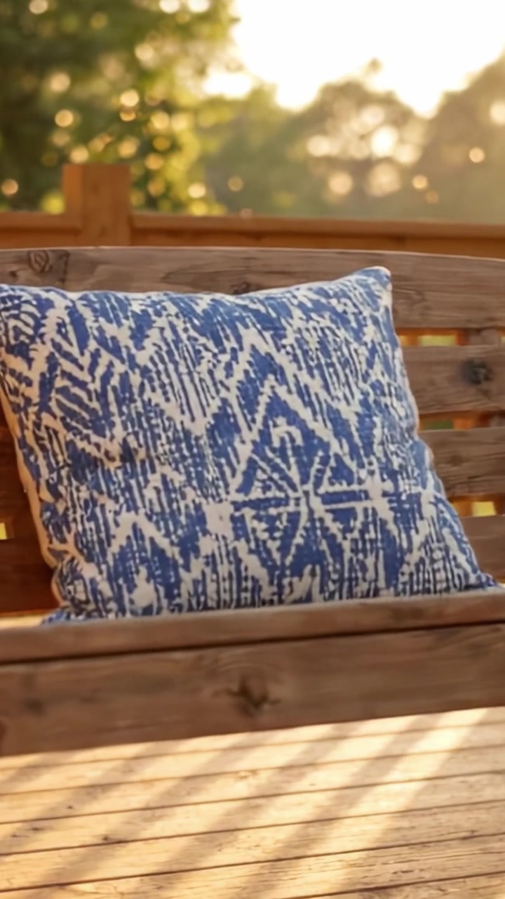 Un ambiente esterno accogliente che mette in risalto un cuscino decorativo su una panca di legno, immersa in una calda luce naturale, perfetto per il relax e il godimento della natura