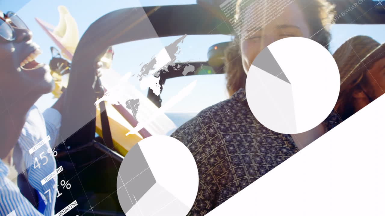 Smiling friends enjoying car ride with digital data animation overlay