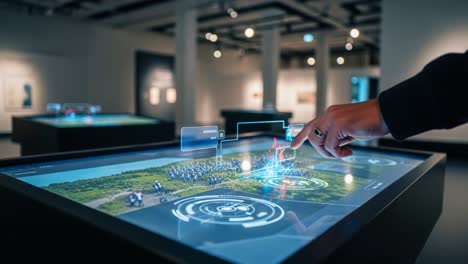 interactive digital display showcasing advanced visualization technology in a modern exhibition space, highlighting user engagement and intuitive navigation features