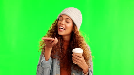 Phone-call,-speaker-and-happy-woman-in-green