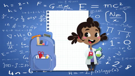 niña de escuela, mochila y iconos de papel contra ecuaciones matemáticas en fondo azul