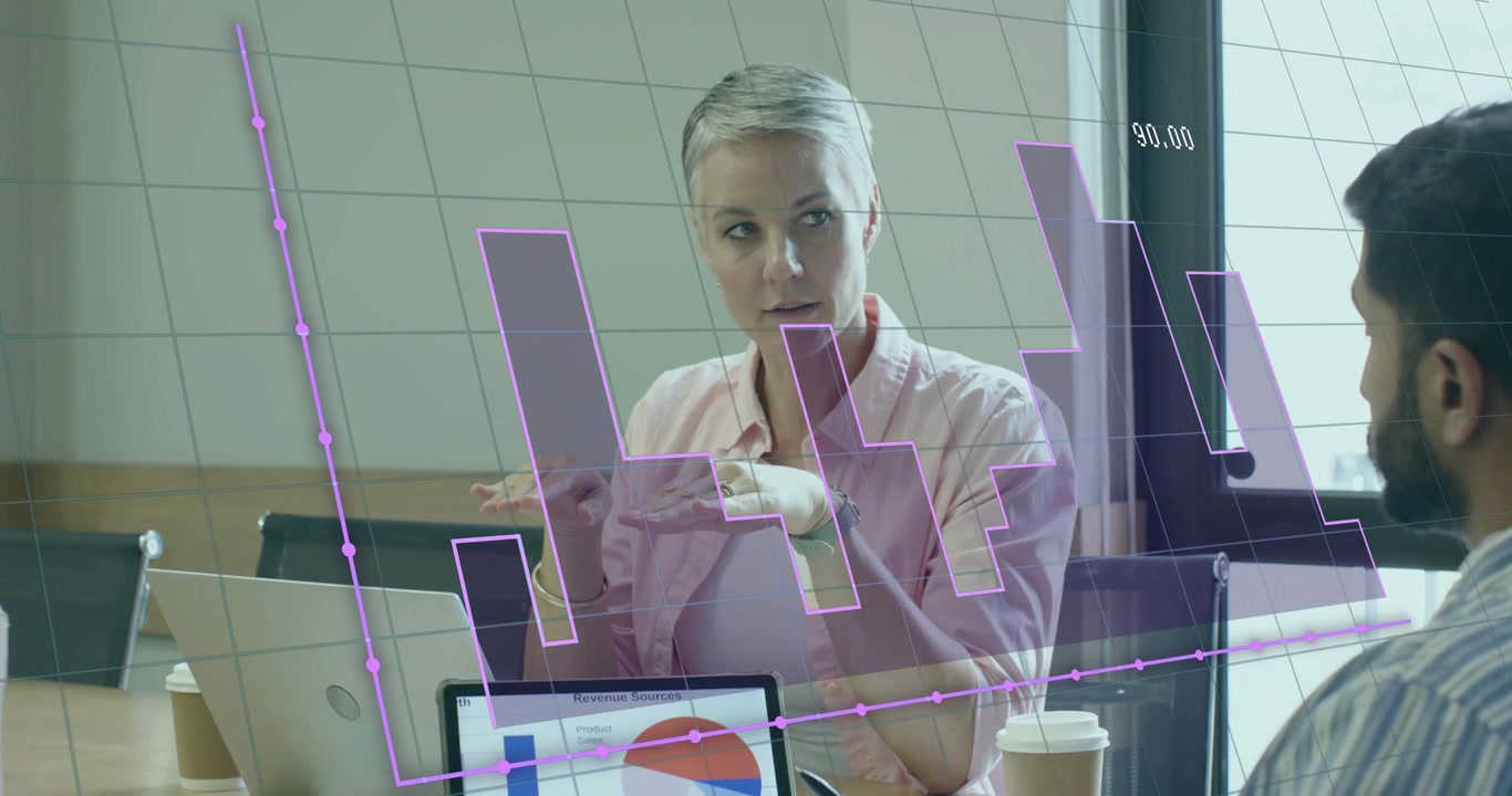 Woman reviewing tablet raising hands animating purple data while colleague asking revenue trends