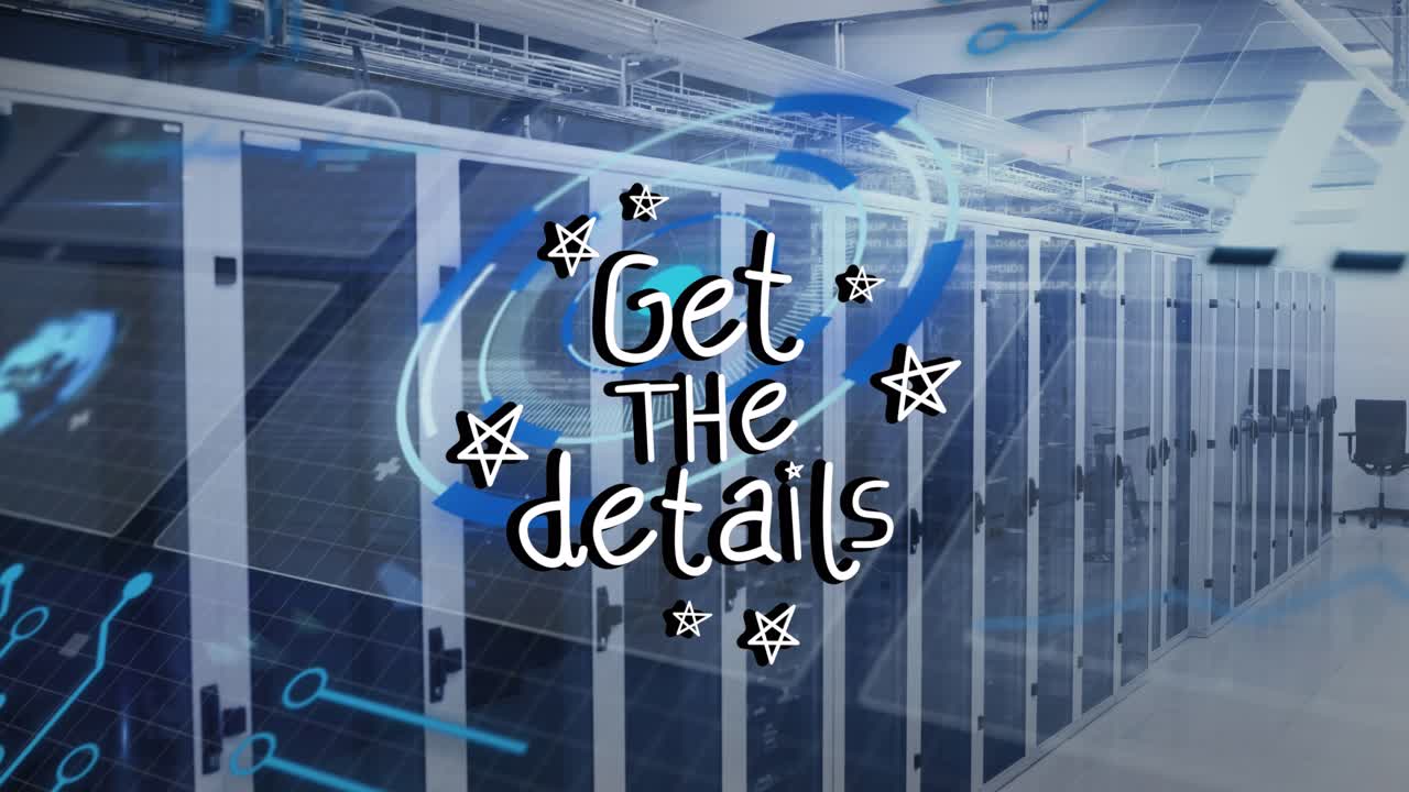 Animation of data processing and get the details text over server room