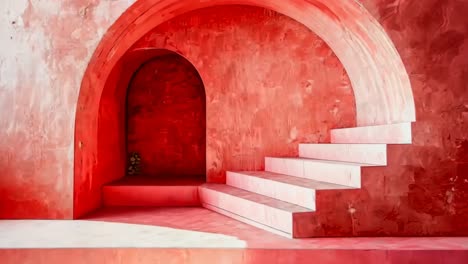 a pink room with stairs and a red wall