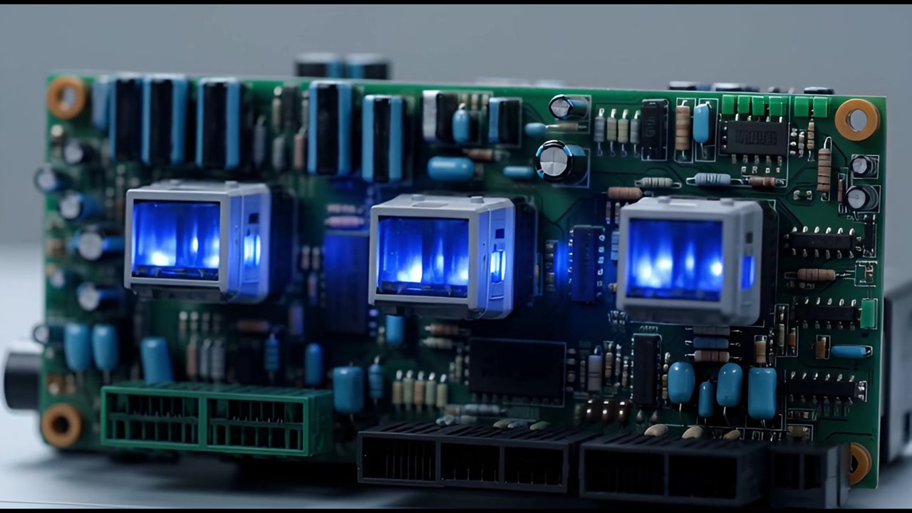Electronic Circuit Board with Blue Glowing Processors