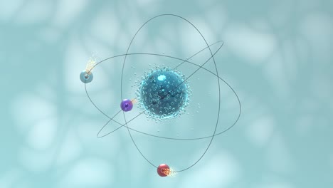 Motion of atom spheres with blue organic background, 3d rendering.