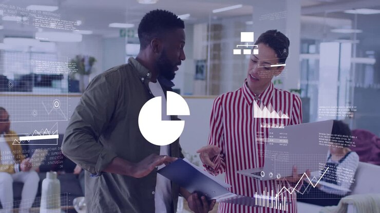 Animation of data processing and diagrams over diverse colleagues discussing work