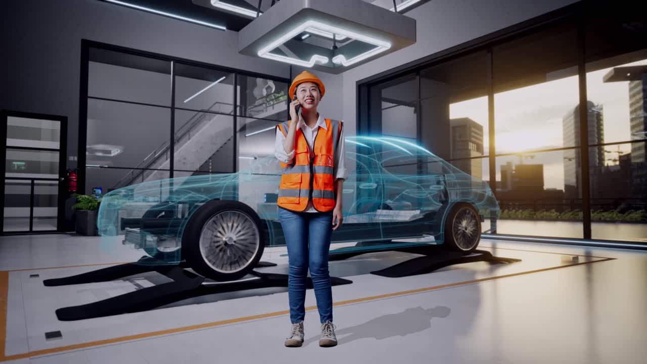 mujer ingeniera discutiendo el mantenimiento del coche en un taller moderno