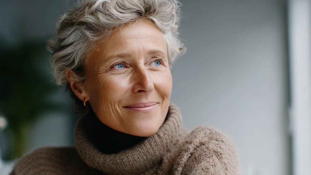 A Thoughtful Reflection: Capturing the Essence of Serenity and Wisdom in the Gaze of a Mature Woman with Beautiful Gray Hair and a Cozy Turtleneck Sweater