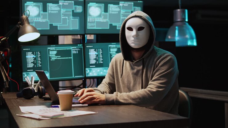 Hacker con felpa e maschera che usa il computer