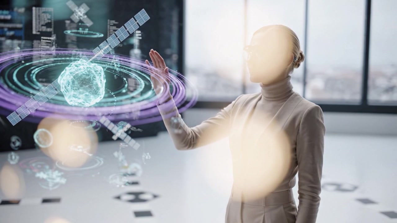 Exploring Advanced Technologies: A Woman Engaged in Holographic Visualization of Data with a Futuristic Interface in a Modern Environment