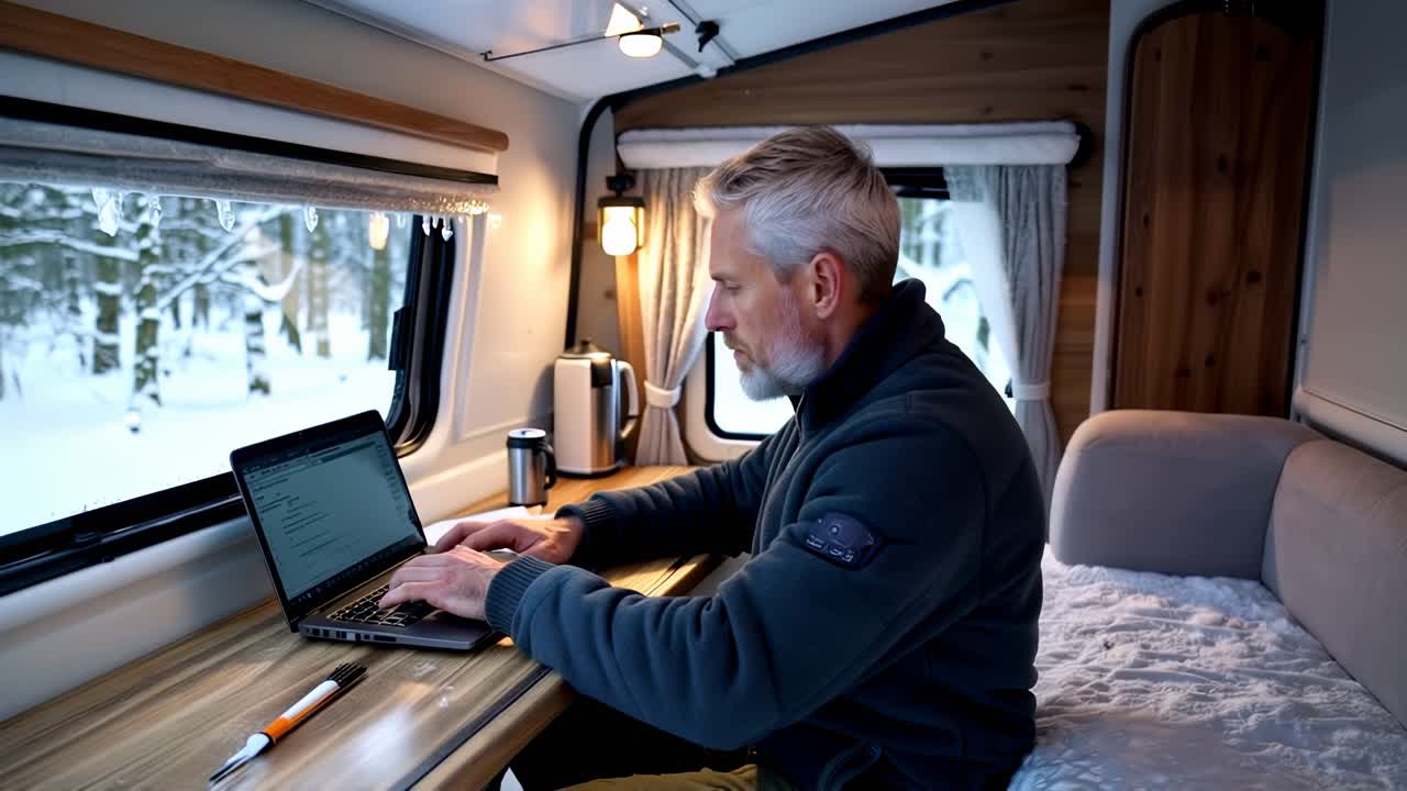 En mand i 50'erne arbejder på sin bærbare computer inde i en autocamper parkeret i en sneklædt skov.