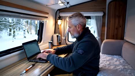 a man in his 50s with, working on his laptop inside a camper van parked in a snowy forest.