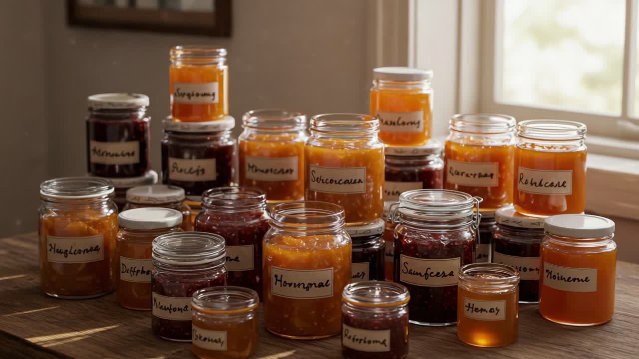 An Abundance of Homemade Jams and Preserves Displayed in Glass Jars on a Rustic Table with Sunlight Streaming Through the Window, Creating a Warm Atmosphere