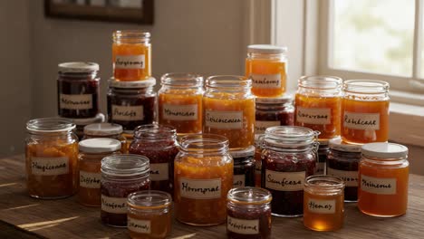an abundance of homemade jams and preserves displayed in glass jars on a rustic table with sunlight streaming through the window, creating a warm atmosphere