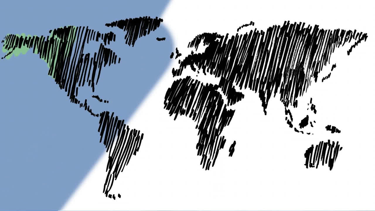 Hand-drawn world map animation with black lines on white background