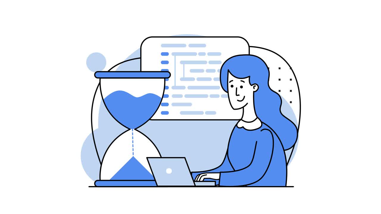 Girl programmer. Remote work. A programmer is working on the next big thing. Coding on screen, HTML coding and screen programming, web development, developer. Deadline. Hourglass. Looped video.