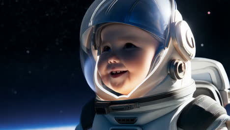 an adorable baby in an astronaut suit smiles in outer space