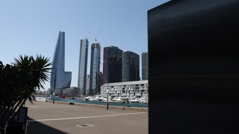 Gliding-shot-towards-the-city-harbour-view-at-Darling-Island-wharf,-Sydney