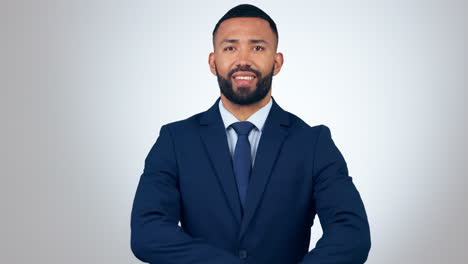 happy, face and businessman with arms crossed