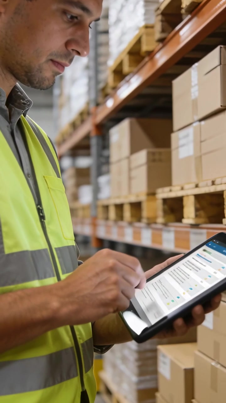 Vertical video: Tapping man in neon vest checking stock on tablet in warehouse, confirming labels